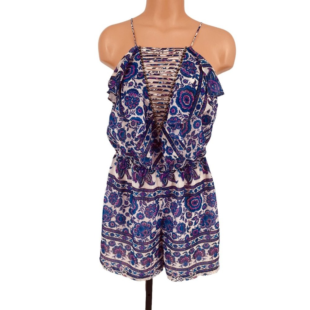 Anthropologie Elevenses Joanie Romper SP Women's Metallic Ladder Ruffle Purple - Picture 2 of 11